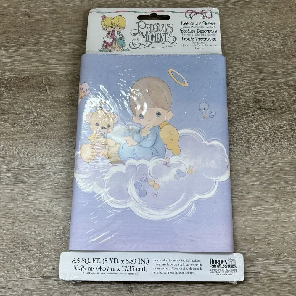 Vintage 1995 Precious Moments Wallpaper Border Angel Teddy Bear Blue 5 YD